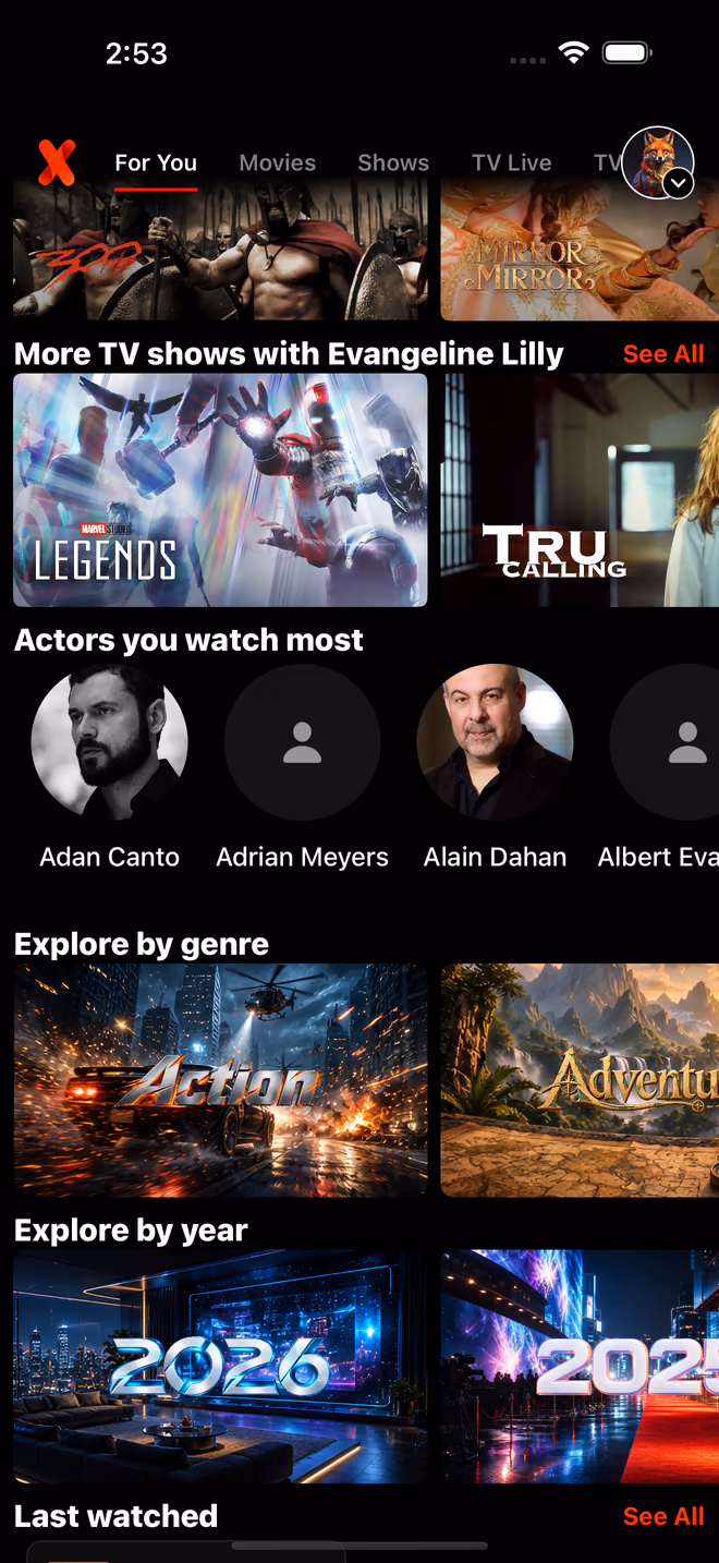 IPTVX For You on iPhone with actors, genres and year collections