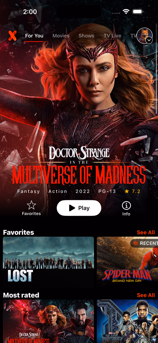 IPTVX For You on iPhone with Doctor Strange, Favorites and Most rated