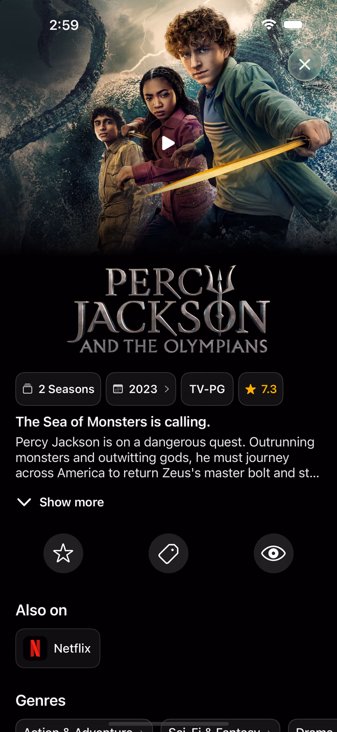 IPTVX redesigned VOD details, ratings and actions on iPhone