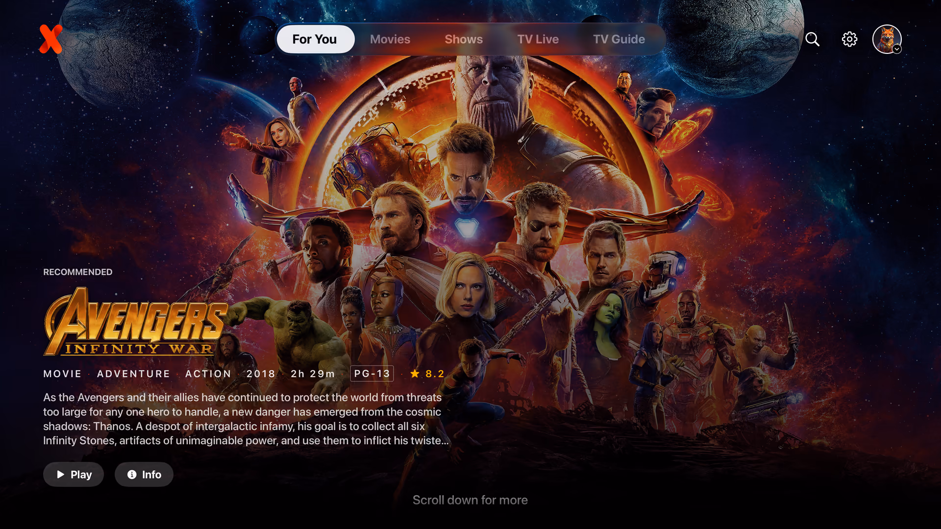 IPTVX For You on Apple TV with a cinematic movie hero